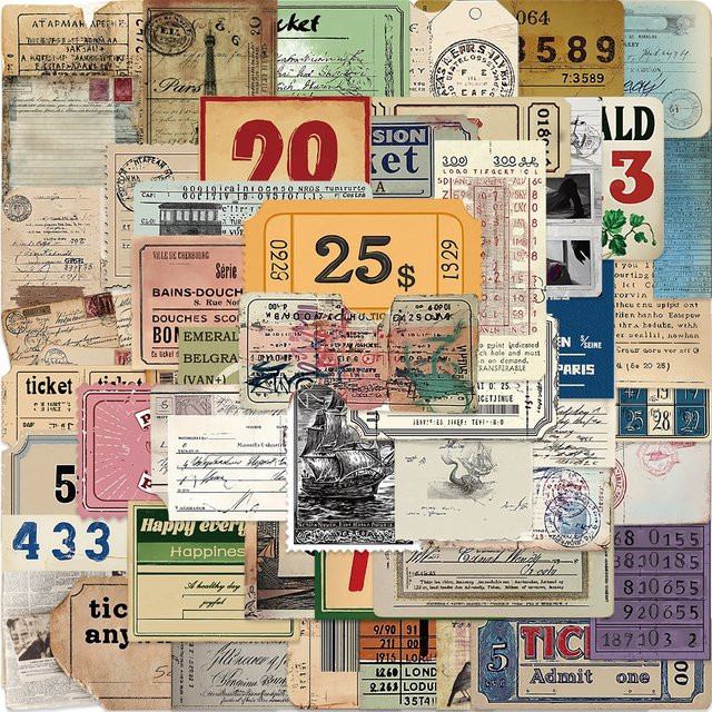PickJoy Vintage Ticketnotizen-Aufkleber Set, 50 Stück Retro Aufkleber in Multicolour für Scrapbook, Journaling und Planer - Bild 1