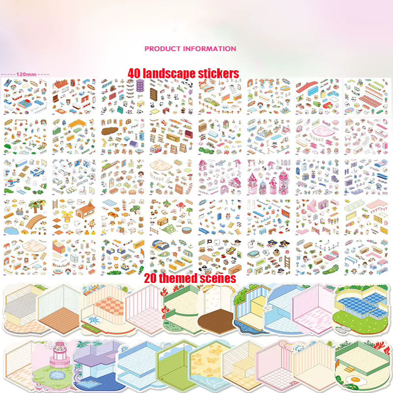 61-teiliges DIY 3D Mini-Szenen-Aufkleber Set mit 20 Szenenkarten, 40 Aufklebern und Pinzetten in Multicolor - Bild 1
