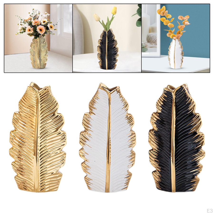 Dekorative Keramik-Blumenvase mit Blattstruktur als Desktop-Ornament in Gold und Schwarz - Bild 3