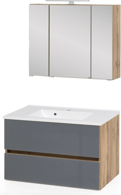 Held Möbel Waschtisch-Set Pisa 2-tlg. in Grau-Wotaneiche mit Mineralgussbecken und Spiegelschrank, Breite: 80 cm - Bild 1