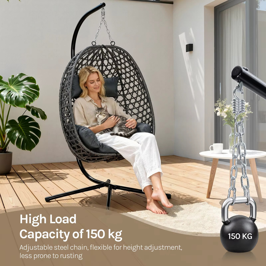 WOLTU Egg Hängesessel mit Kissen und verstellbarer Kopfstütze in Schwarz mit Standgestell für Garten, Balkon und Terrasse - Bild 3