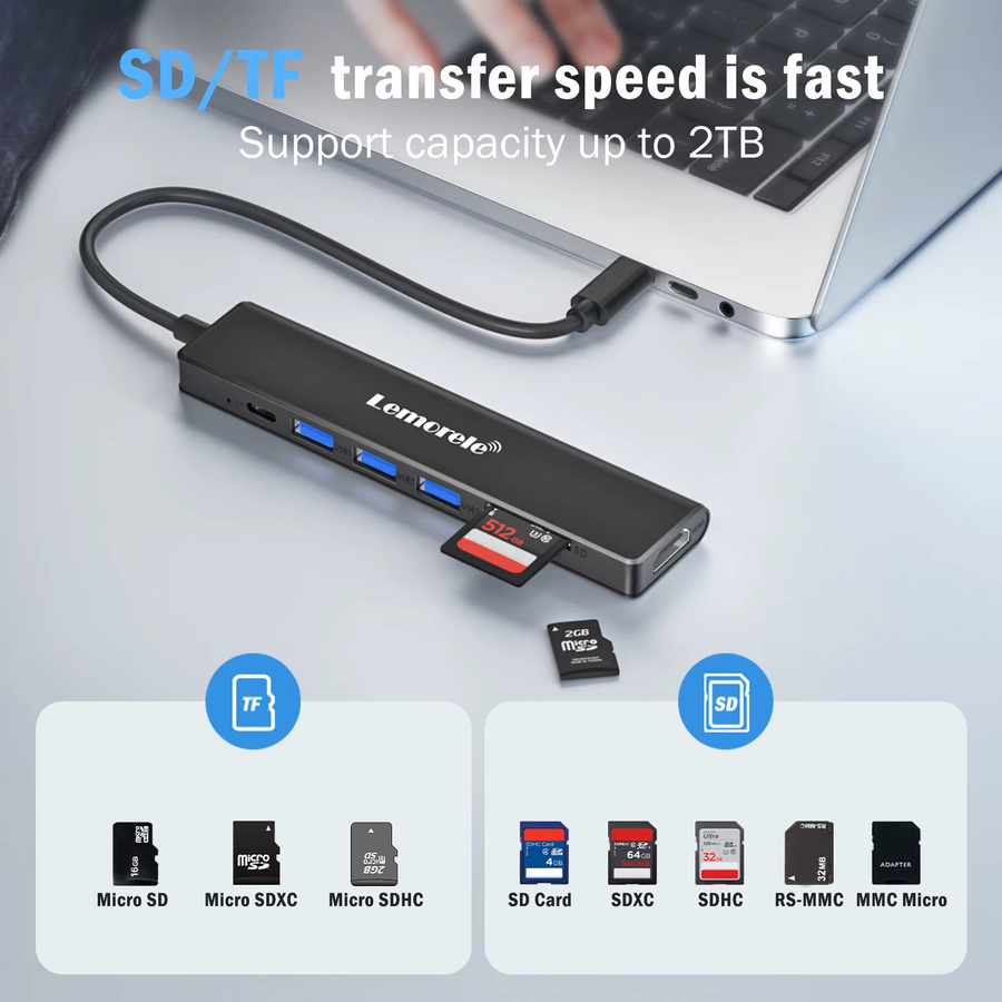 LEMORELE 7-in-1 USB C Hub Dockingstation in Grau mit 4K UHD Videoausgang, 100 W PD und USB-C sowie USB-A 3.0 Ports für MacBook und Windows Laptop - Bild 3