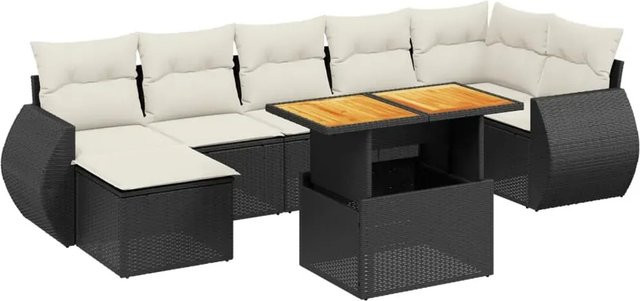 vidaXL 8-teilige Garten-Sofagarnitur aus Poly-Rattan und Akazienholz in Schwarz-Creme mit Kissen - Bild 1
