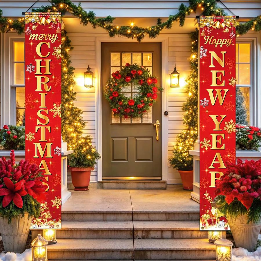 VIKAMA Neujahrs-Banner Happy Door mit Rentier-Motiv in Rot, Weihnachts-Hängeflagge aus Polyester, B/H: 30 x 180 cm - Bild 2