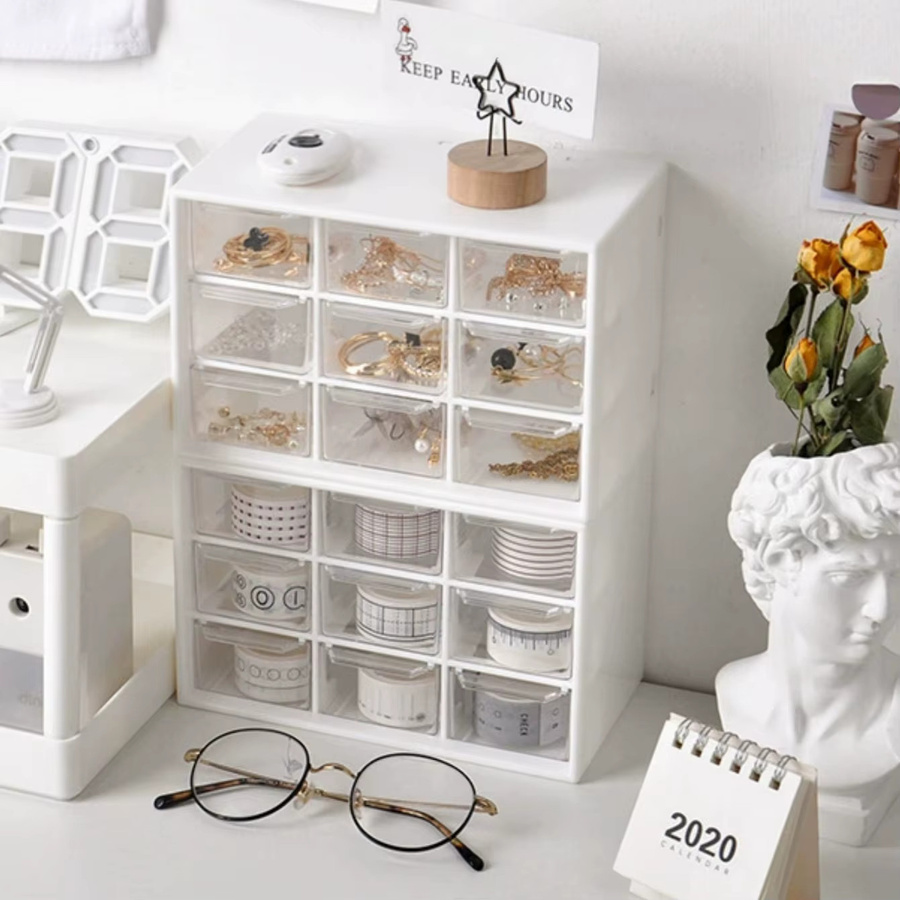 Stapelbare Aufbewahrungsbox aus Kunststoff im Nine-Grid-Schubladenstil für Make-up und Büro, Farbe: Weiß - Bild 1