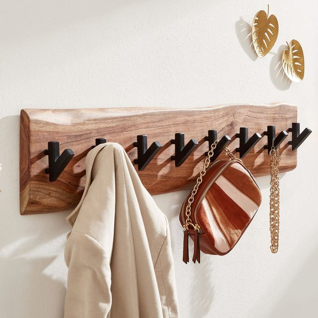 KADIMA DESIGN Rustikale Flurgarderobe aus Akazien-Massivholz und Eisen in Braun mit 8 Haken und Baumkante - Bild 1