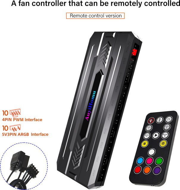 AuyiHomu 10-Port ARGB PWM Lüfter-Hub mit Fernbedienung, 4-Pin PC-Lüftersteuerung und 5V 3-Pin ARGB Sync, SATA-betrieben, Schwarz - Bild 1