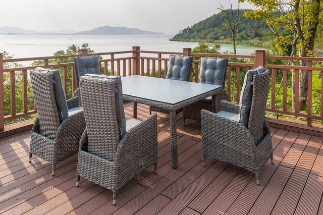 OUTFLEXX Garten-Essgruppe aus Polyrattan in Grau mit Tisch und 6 verstellbaren Dining Sesseln, Tischplatte in Spraystone-Optik, B/T: 180 x 120 cm - Bild 1