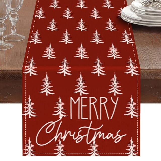 Dokriy Weihnachtstischläufer Rot mit weißen Kiefern und Weihnachtsschrift, rechteckig, B/H: 45 x 30 cm - Bild 1