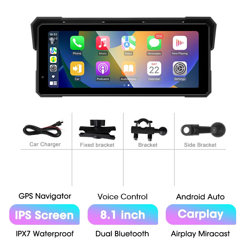 Jansite Tragbares Motorrad-Display mit 8,1 Zoll Bildschirm, Bluetooth, Carplay, Android Auto Navigation und TPMS, IP67 wasserdicht, Schwarz - Bild 9