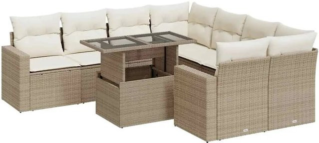 vidaXL 9-tlg. Garten-Sofagarnitur in L-Form aus Poly-Rattan mit Kissen in Beige-Creme - Bild 1