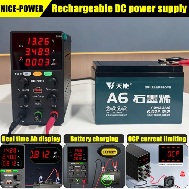 NICE-POWER Lithium-Batterie-Ladegerät DC-Stromversorgung für 6V/12V/24V/36V/48V mit Echtzeit-Ah-Anzeige in Schwarz - Bild 1