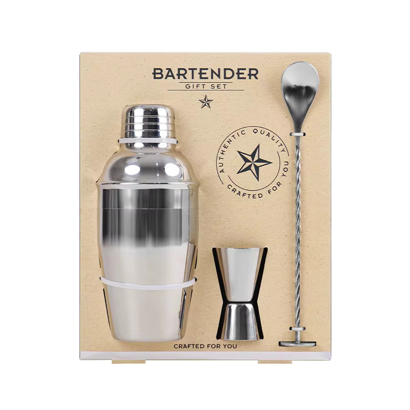 bespritgift Cocktail-Herstellungsset aus Edelstahl in Silber, 3-teiliges Barzubehör-Set mit Shaker, Jigger und Barlöffel - Bild 2