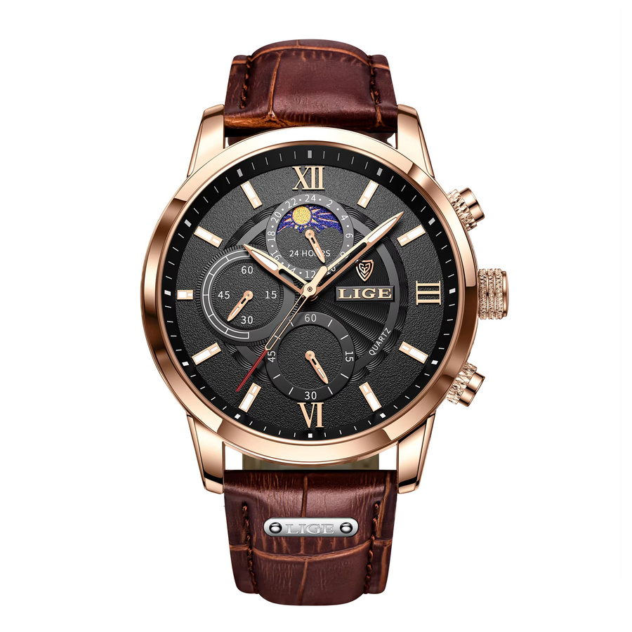 LIGE Armbanduhr Quarz, Leder, Schwarz, Silber, Herren - Bild 7