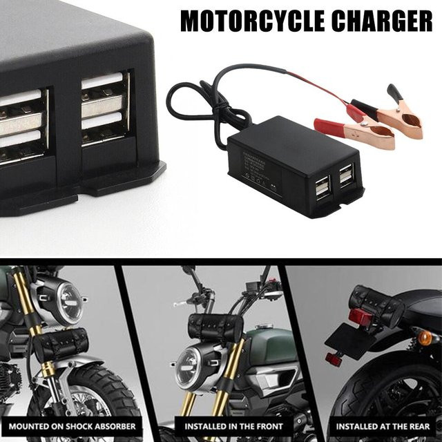 USB Hub Ladestation für Auto und Motorrad mit 4 USB-Ports und Batterieclip, DC Konverter Netzteil für 12V 24V, Schwarz - Bild 1