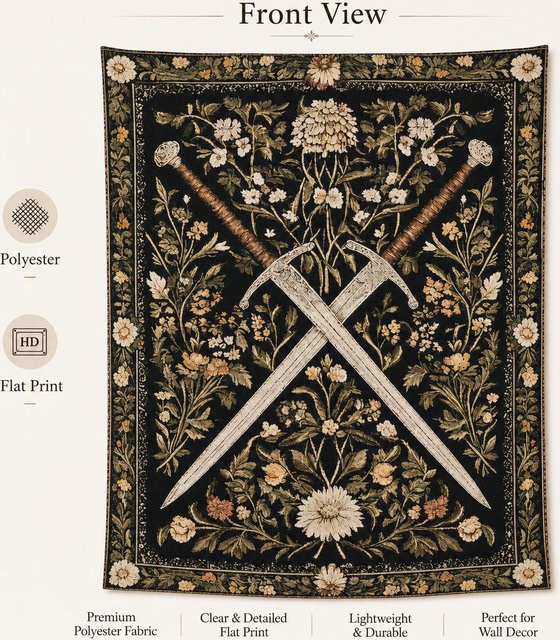 Vintage Wandteppich mit gekreuzten Schwertern und floralem Design von JMG Household Supplies, Farbe Schwarz, Breite: 120 cm, Höhe: 180 cm - Bild 1