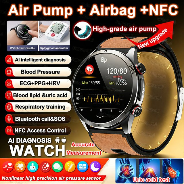GUHUAVMI Smartwatch mit AI-Diagnose, EKG, Blutdruckmessung, Harnsäure-Analyse und NFC sowie Telefonfunktion in Schwarz oder Rot - Bild 1