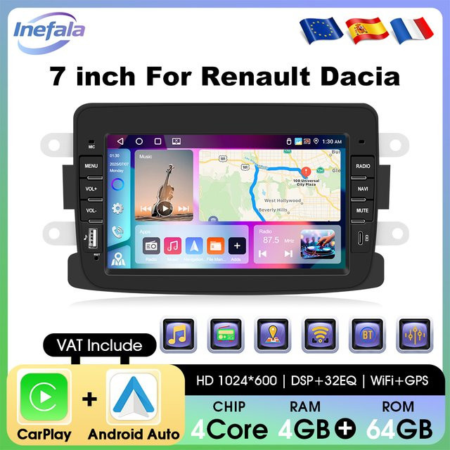 Podofo 2 Din Android Autoradio 7 Zoll für Renault Dacia Sandero Duster mit 4G+64G, GPS-Navigation, WLAN, kabellosem CarPlay, Android Auto und Bluetooth in Schwarz - Bild 1