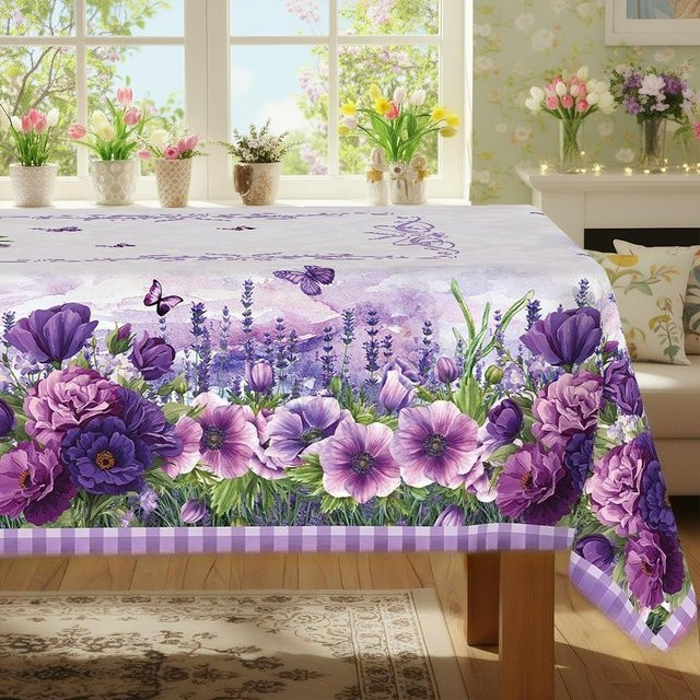 JMG Household Supplies Tischdecke mit Lavendel und Pfingstrose Blumendruck in Lila, Karomuster, B/B: 140 x 200 cm - Bild 1