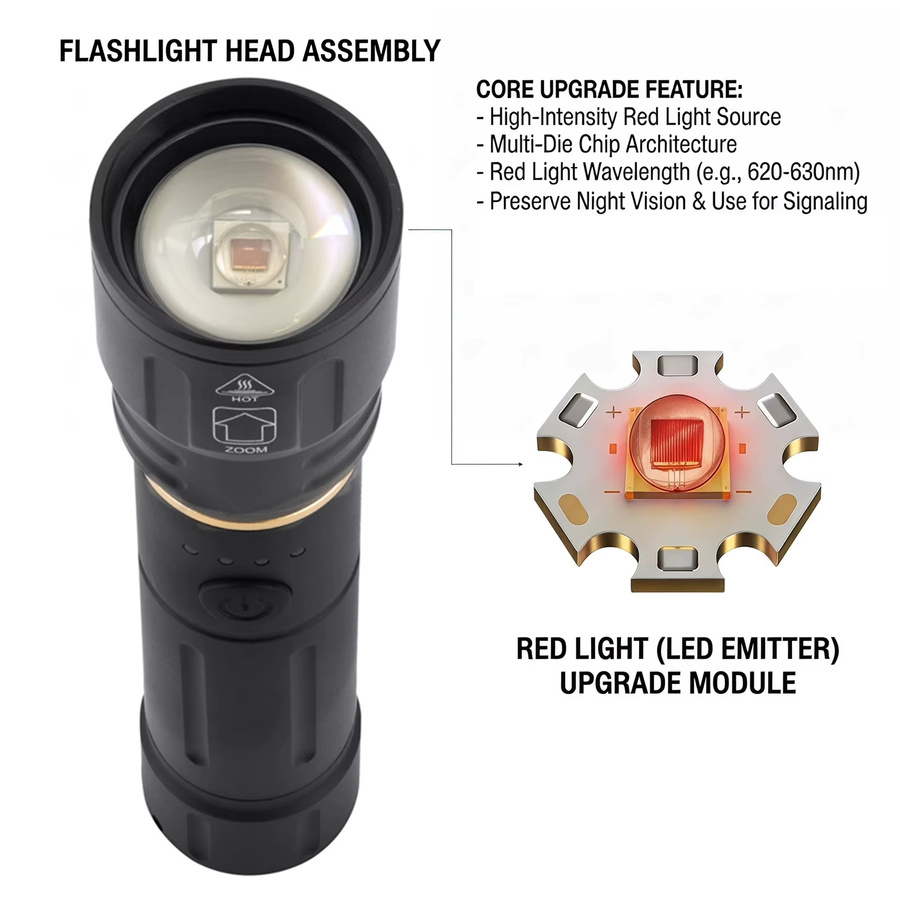 Alonefire Zoom Rotlicht-LED-Taschenlampe aus Aluminium, USB wiederaufladbar, Schwarz - Bild 4