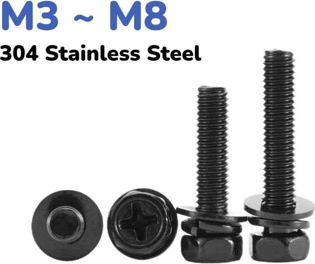 Schwarze Kombinationsschrauben aus Edelstahl 304 mit Kreuzschlitz und Außensechskant sowie Federdichtung für M3, M4, M5, M6 und M8 - Bild 1