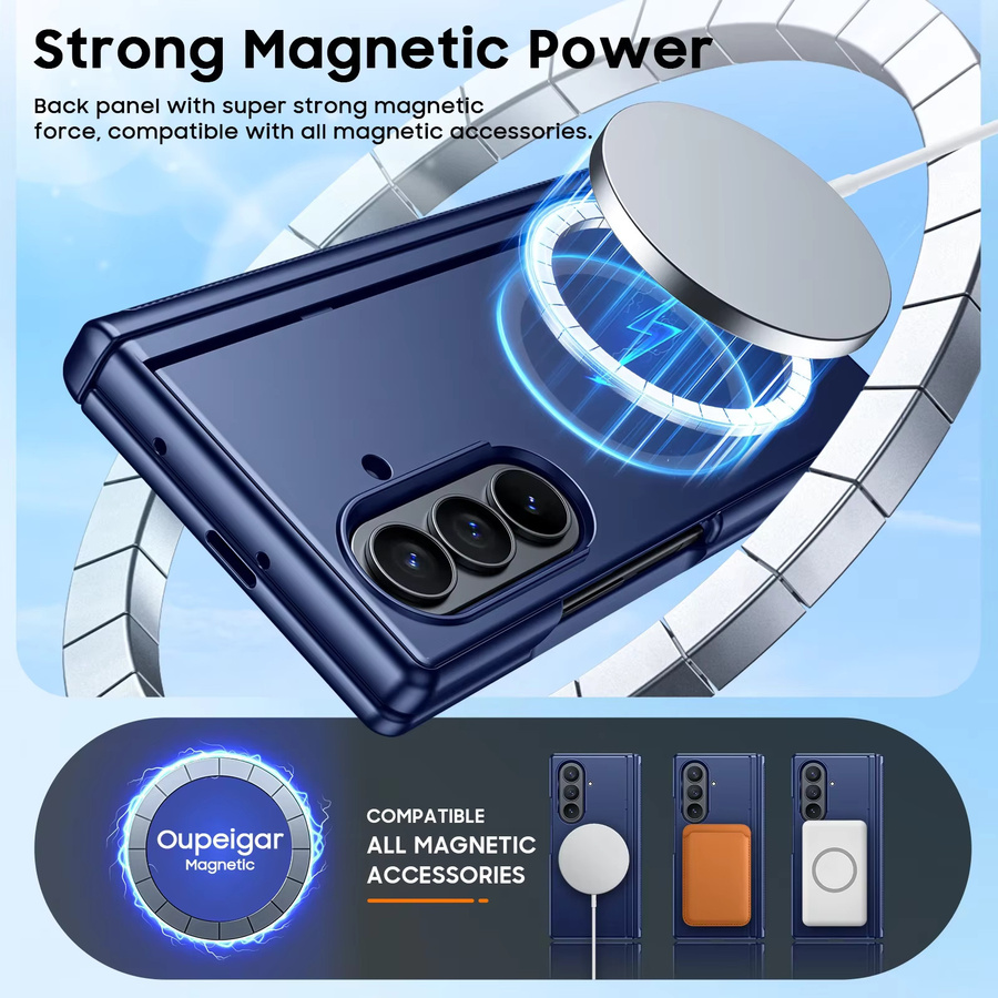 Magnetische Samsung Galaxy Z Fold 7 Handyhülle mit integriertem 9H Glas-Displayschutz, Scharnierschutz und verstecktem Ständer in Blau - Bild 2