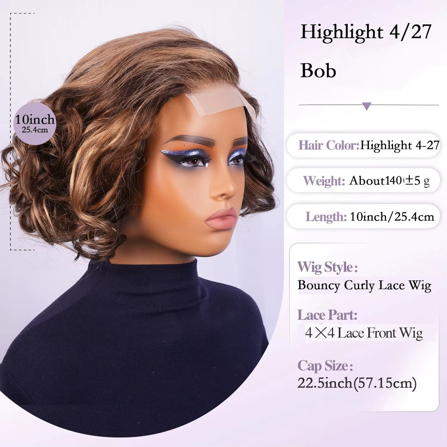 OYM HAIR Bob Perücke, Echthaar, lose lockig, Ombre Honig Blonde, 4x4 HD Spitze - Bild 3