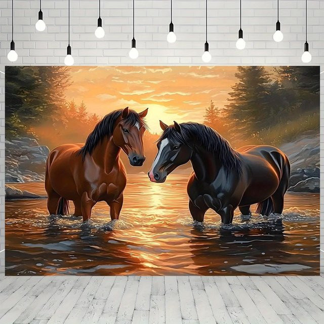 Wandteppich mit Pferde-Paar und Sonnenuntergang am Fluss von JMG Household Supplies, Farbe: Beige/Mehrfarbig, B/H: 150 x 100 cm - Bild 1