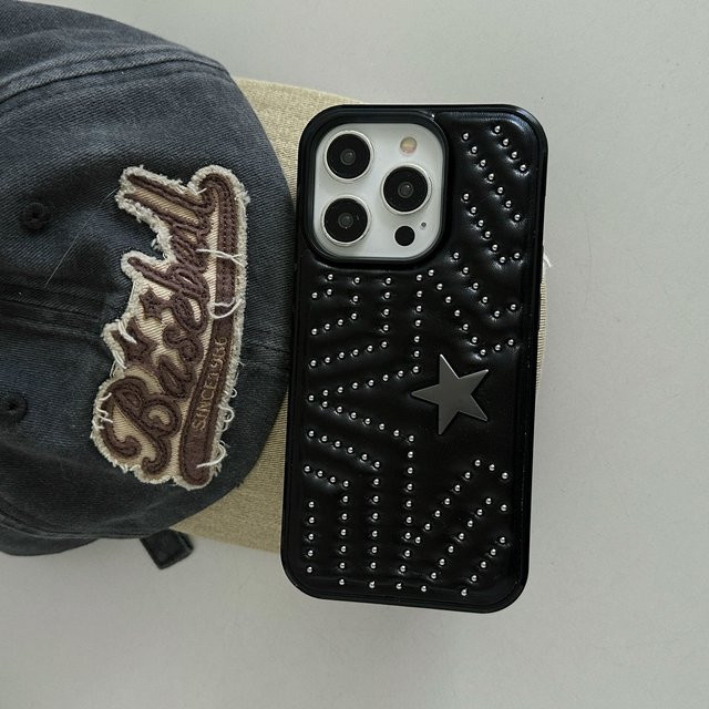 Handyhülle mit Stern- und Stahlkugel-Design in Schwarz aus Kunstleder für iPhone 13, 14, 15, 16 und 17 Pro Max - Bild 1