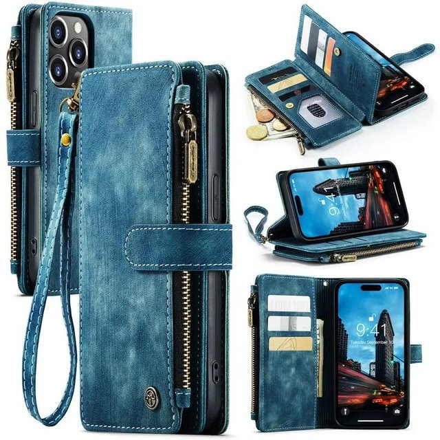 Leder Handyhülle mit Lanyard und Geldbörse für Apple iPhone 12 bis 17 Pro Max in Blau - Bild 1