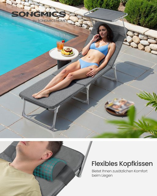 SONGMICS Sonnenliege mit Sonnendach und verstellbarer Rückenlehne, klappbarer Liegestuhl mit Kopfstütze und 3 cm dicker Auflage, Grau/Schwarz - Bild 1