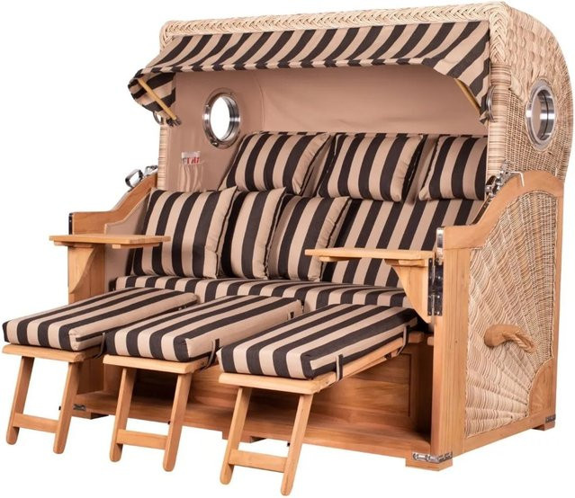 bene Strandkorb Komplettset Königssee 3 Sitzer aus Teakholz mit PE Shell Modell 581 in Braun inklusive Liftersystem, Schutzhülle, Doppelrollen und Glasbecherhalter - Bild 1