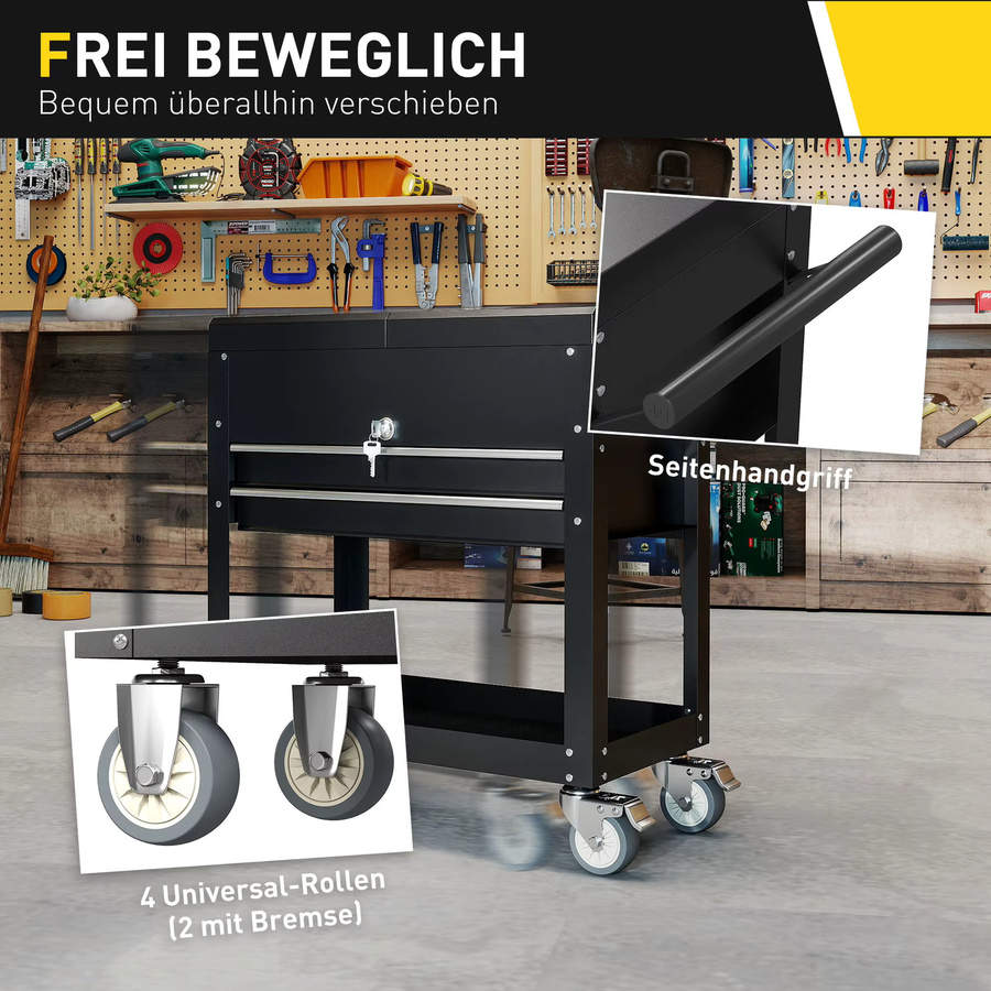 HOMCOM Werkstattwagen aus Stahl mit 2 Schubladen und Schiebedeckel in Schwarz, abschließbarer Werkzeugwagen mit Ablage und EVA-Matten, B/T/H: 130 x 80 x 38 cm - Bild 8