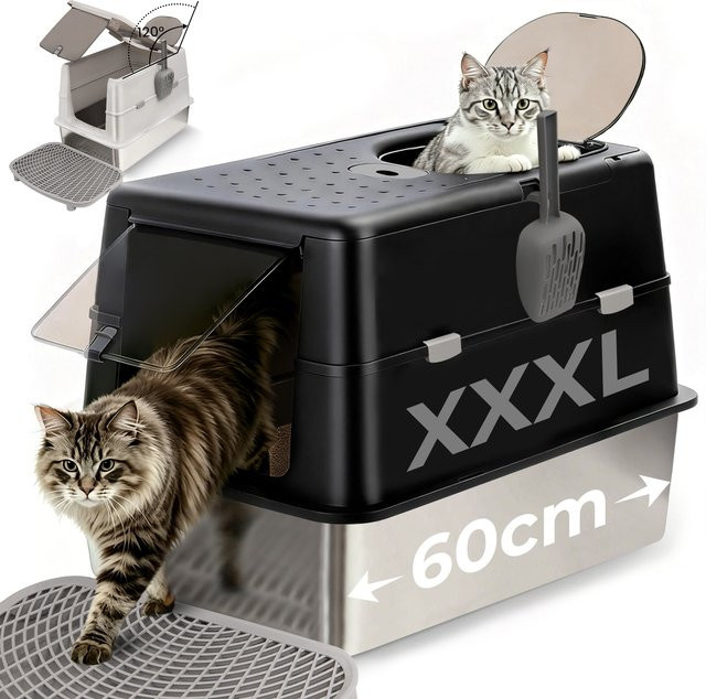 XXL Edelstahl Katzentoilette mit Deckel und Streu-Treppe in Silber oder Schwarz, B/T/H: 60 x 43 x 40 cm - Bild 1