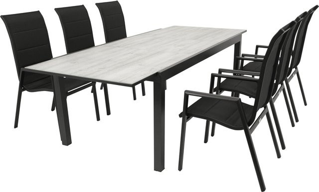 DEGAMO Gartenmöbel Garnitur FARO 7-teilig in Schwarz mit Aluminiumrahmen, Glas und Kunstgewebe - Bild 1