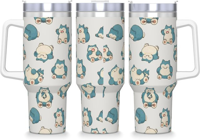 Snorlax Edelstahl-Thermobecher mit Strohhalm und Deckel für Kaltgetränke - Bild 1