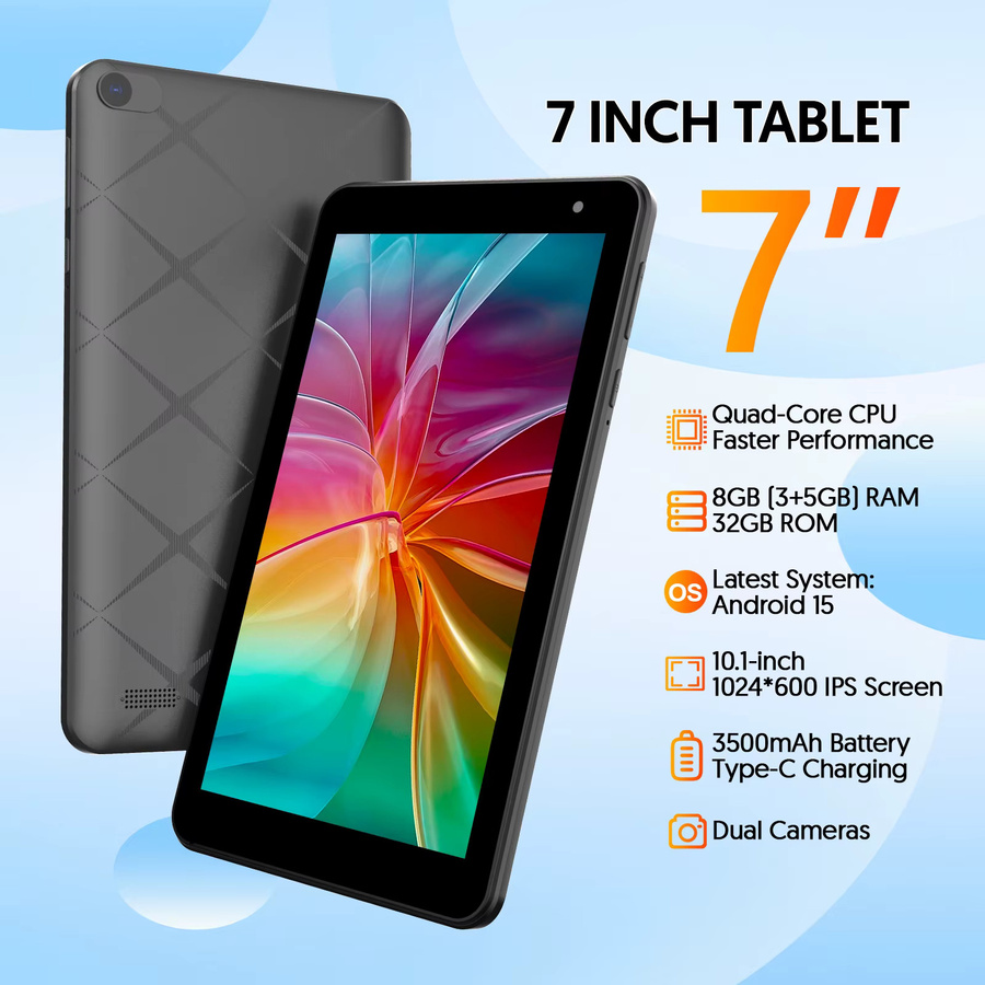 BAKEN 7-Zoll Android 15 Tablet in Schwarz mit 8GB RAM, 32GB Speicher, HD IPS Display, WLAN und Bluetooth - Bild 2