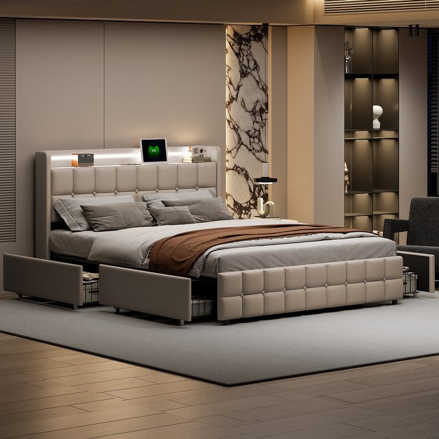 Anajqaqia Gepolstertes Doppelbett mit Stauraum und 4 Rollschubladen, Beige, B/T: 180 x 200 cm - Bild 1