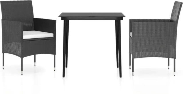 vidaXL 3-teilige Garten-Essgruppe aus Rattan und Metall mit Glasplatte und Kissen in Schwarz - Bild 1