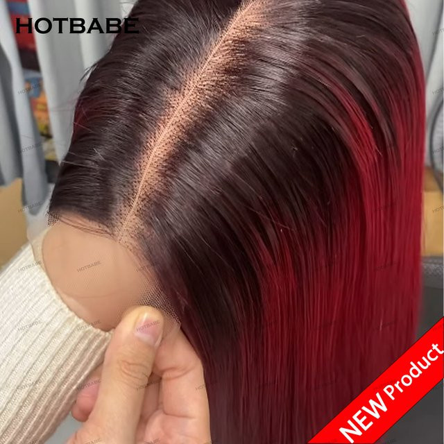 HOTBABE Echthaar Perücke Bob Gerade, Burgund, HD Transparent Spitze - Bild 1