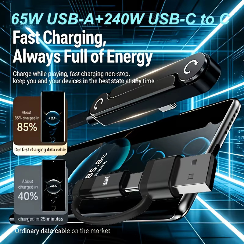 ILEPO 2-in-1 USB-C zu USB-C Schnellladekabel mit integriertem Telefonständer, 240W PD-Kabel, Schwarz - Bild 3