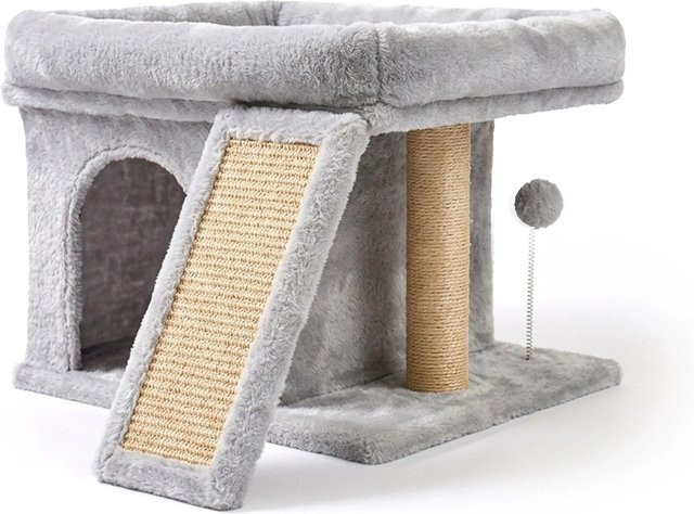 Relaxdays Kratzbaum aus MDF und Sisal in Hellgrau mit Höhle, Liegefläche und integriertem Spielzeug, B/T/H: 54 x 38,5 x 45 cm - Bild 1