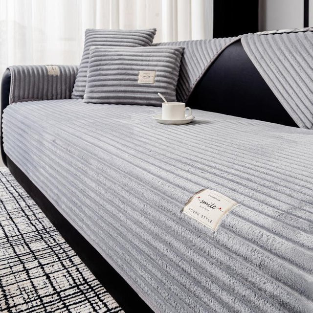 HOMEMOTION Sofabezug aus Flanell mit Streifen-Design, cremefarben, rutschfest, Breite: 90 cm, Länge: 210 cm - Bild 1