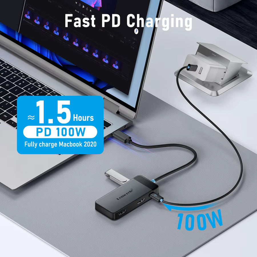 Lemorele 6-in-1 USB-C Hub mit 2 HDMI 4K@30Hz und PD 100W USB 3.0 Splitter Adapter in Grau für Laptop und MacBook Pro Air - Bild 4