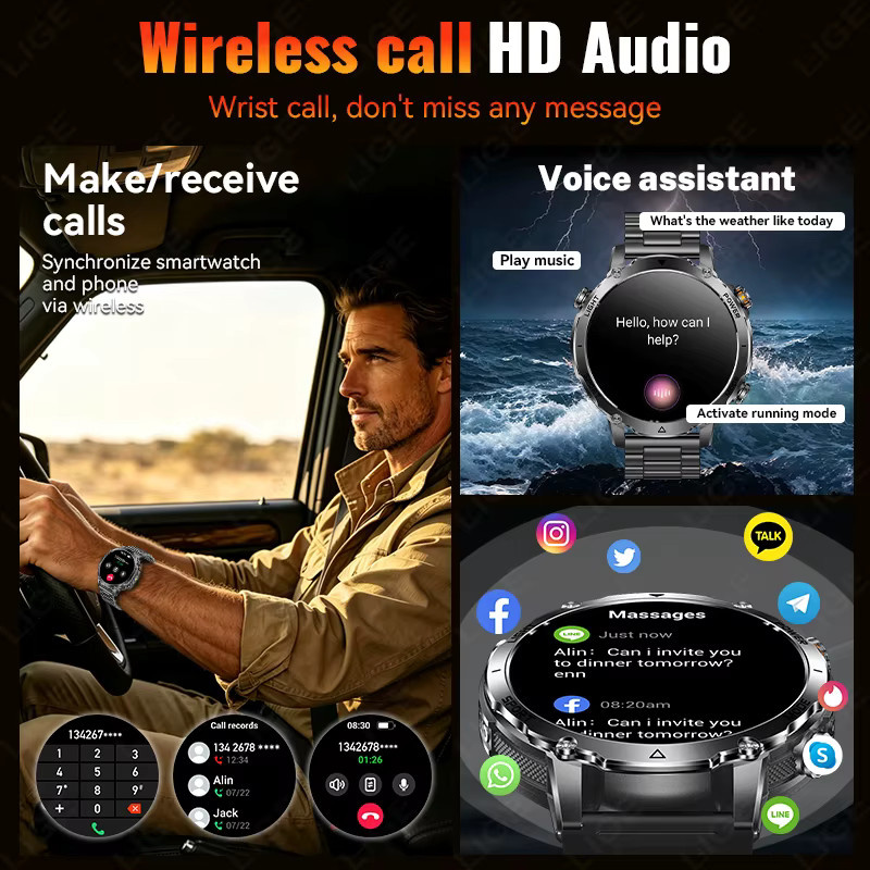 LIGE Smartwatch, Herren, Schwarz, Edelstahl, Silikon, Bluetooth - Bild 4