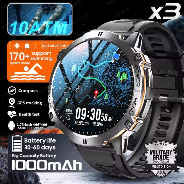 GUHUAVMI Smartwatch, GPS, 10 ATM, Aluminium, Silikon, Schwarz, Herren - Bild 1