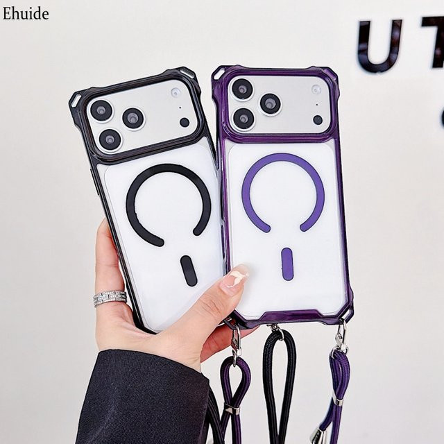 EHUIDE Transparente Magnetische Schutzhülle mit Trageriemen für iPhone 11 bis 17 Pro Max Plus Air Stoßfeste Crossbody-Hülle mit Kordel in Schwarz - Bild 1