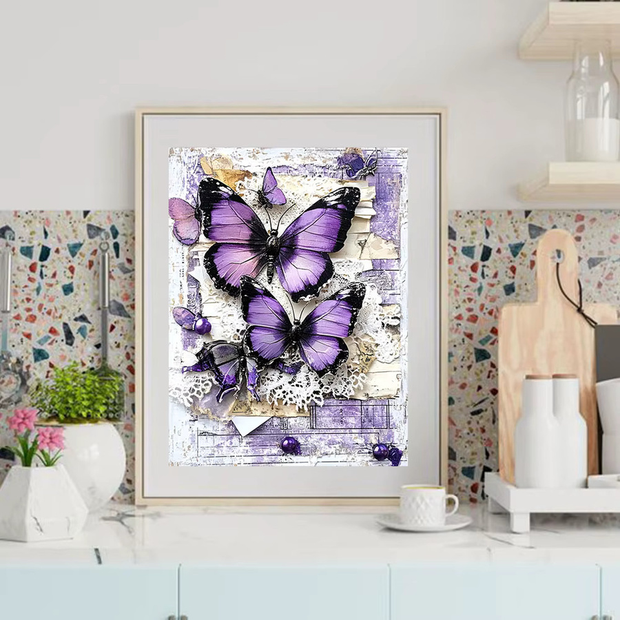 Huacan 5D Diamantmalerei Schmetterling Stickerei Set in Lila, runde Form, Durchmesser: 30 cm - Bild 3
