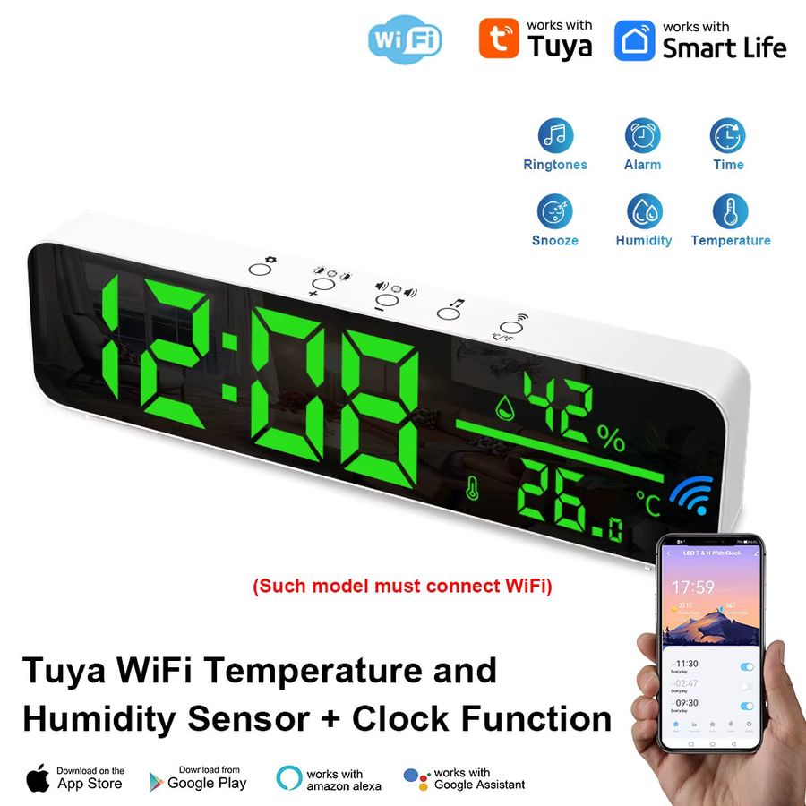 Tuya WiFi LED Spiegelwecker mit Temperatur- und Feuchtigkeitssensor, weiß, rechteckig, USB-Anschluss - Bild 2