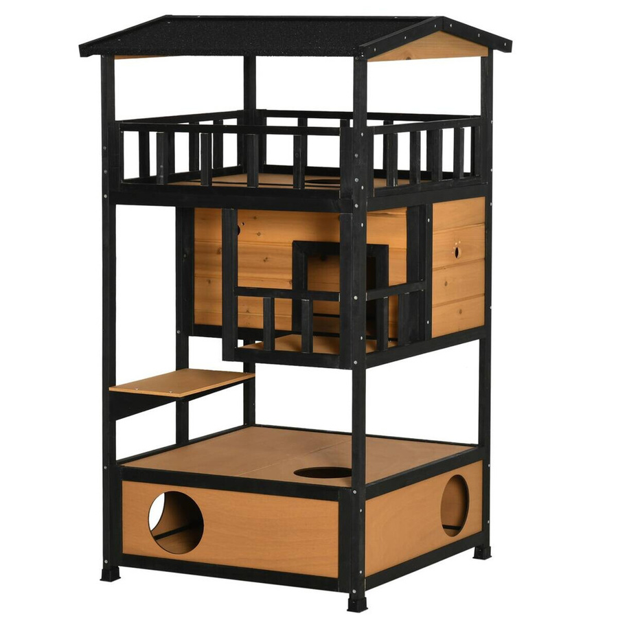 PawHut Katzenhaus aus Tannenholz in Schwarz, wetterfest mit erhöhtem Boden, B/H/T: 75 x 137 x 75,5 cm - Bild 2